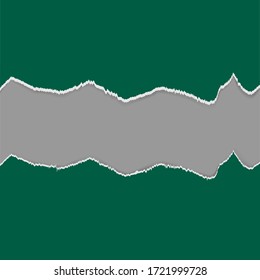 Torn green paper with a pronounced gap on a gray background. Green torn canvas. Vector illustration. Stock Photo.