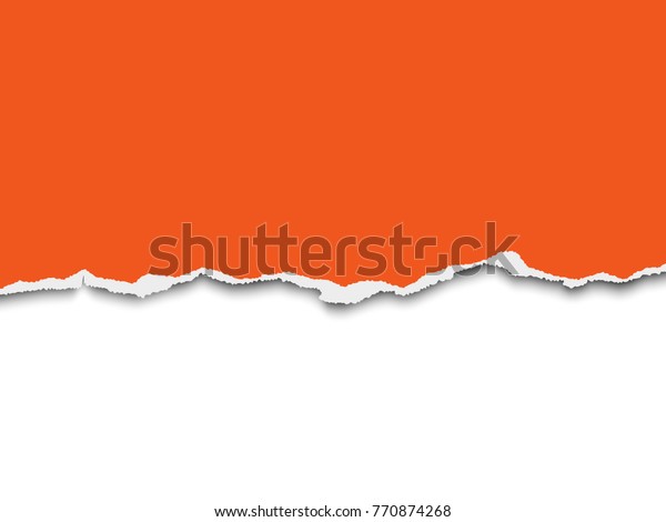 Torn a half sheet of orange\
paper from the bottom on white background. Vector template paper\
design.