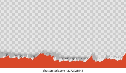 Torn a half sheet of red paper from the bottom. Vector template paper design. Torn, ripped piece of horizontal blue paper with soft shadow is on squared grey background for text. Vector illustration