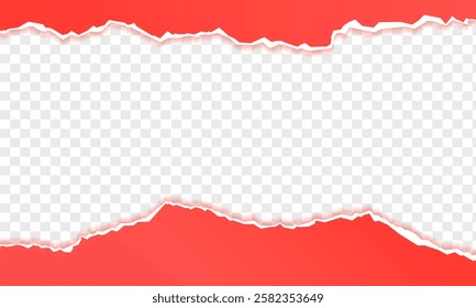 Torn a half sheet of red paper from the bottom, red paper with torn edge and soft shadow is on white squared background for text or ad, ripped and folded strip or piece of notepad or cardboard page.