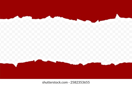 Torn a half sheet of red paper from the bottom, red paper with torn edge and soft shadow is on white squared background for text or ad, ripped and folded strip or piece of notepad or cardboard page.