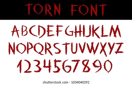 TORN. Hand written display red font calligraphy. ABC. Scratched decorative colored Vector alphabet and numbers. Claw cuts animal wounds. Hand drawn text. For labels, quotes, decoration, invitations