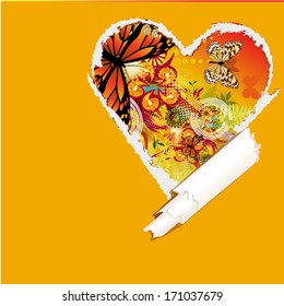Torn heart from floral abstraction with butterflies