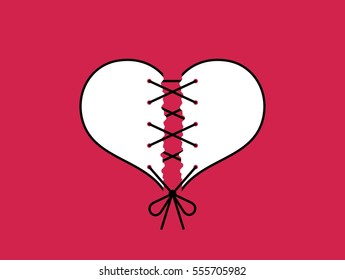 Torn heart like broken love sewn with black thread on pink background - vector card for Valentine's Day