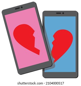 A torn heart on a smartphone. A symbol of family conflict and divorce. Editable vector.