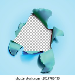 Torn hole in blue paper background illustration