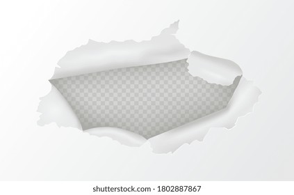 Torn hole with curled rough edges in a white paper sheet over a transparent a background, vector illustration