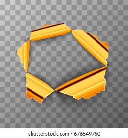Torn hole in glossy polished gold metal plate on transparent background