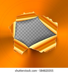 Torn hole in glossy round polished bronze metal plate on transparent background
