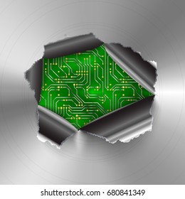Torn hole in glossy round polished metal plate on complicated computer microchip on green