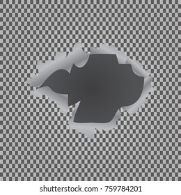 Torn hole in glossy round polished metal plate on transparent background