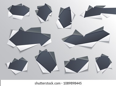 Torn hole with gray edges in middle of paper set with dark background underneath - isolated vector illustration of ragged sheet effect. Ripped page for advertising design.