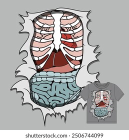 Torn hole with human viscera inside. Lungs, heart, liver and intestines. Print for t shirt. Halloween vector illustration.