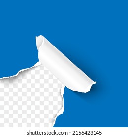 Torn hole of lower left corner of blue sheet with paper curl and transparent background of the resulting window. Realistic vector template paper design.