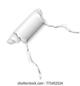 Torn hole of lower right corner of the white sheet of paper with paper curl. Vector template paper design.