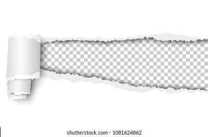 Torn hole in oblong white sheet of paper with soft shadow, paper curl and transparent background of resulting window. Vector template paper design.