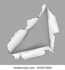 Torn hole on paper in realistic style with transparent background. Vector illustration.