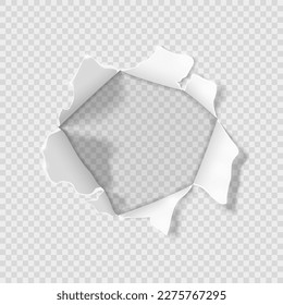 Torn hole on a sheet of paper isolated on a transparent background. Vector illustration.