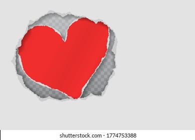 Torn hole in paper, with red ripped paper heart, round frame for text is on grey squared background.