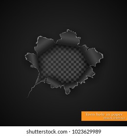 Torn hole in paper with ripped edges with shadow on transparent background. Graphic concept for your design