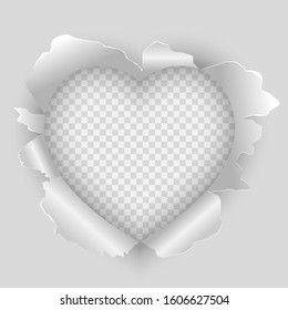 Torn hole and ripped of paper in heart shape on a transparent background, paper art and valentines day concept, vector art and illustration.