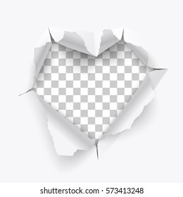 Torn hole and ripped of paper in heart shape on a transparent background, paper art and valentines day concept, vector art and illustration.