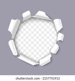 Torn hole and ripped of paper on a transparent background realistic vector template for design