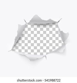 Torn hole and ripped of paper on a transparent background, vector art and illustration.