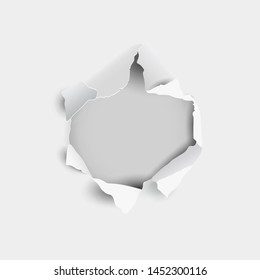 Torn hole and ripped in sheet paper on a gray background, 3d realistic style. Not using gradient mesh. Vector illustration