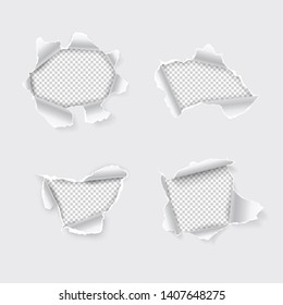 Torn hole set in paper on transparent background. Vector illustration.