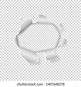 Torn hole set in paper on transparent background. Vector illustration.