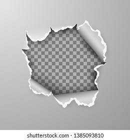 Torn hole in sheet of gray paper on transparent background with space for text. Vector illustration 