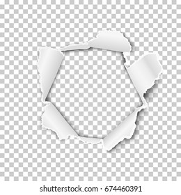Torn hole in the sheet of paper on a transparent background. Vector template design.