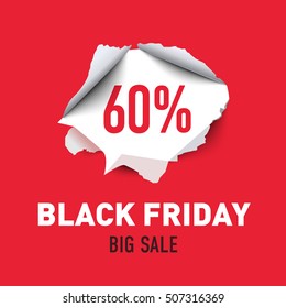 Torn hole in the sheet of red paper. Black Friday. Big sale background. Vector illustration