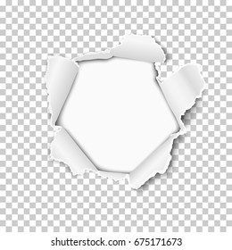 Torn Hole In The Sheet Of Transparent Paper. White Background Of The Resulting Window. Vector Template Design.