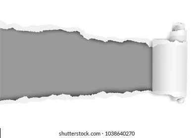 Torn hole in sheet of white paper with gray background of the resulting window. Vector template paper design.