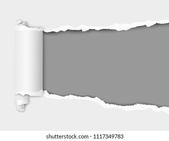 Torn hole in sheet of white paper with gray background of resulting window for text, ad or other aims. Vector template paper design.