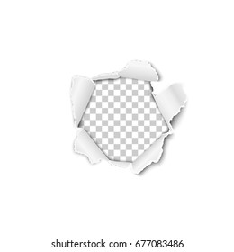 Torn hole in the sheet of white paper. Transparent background of the resulting window. Vector template design.