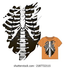 Torn hole with skeleton inside. Print for t shirt. Halloween vector illustration.