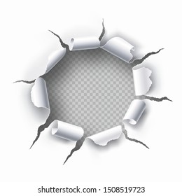 Torn hole with transparent background in the sheet of white paper. Space for text