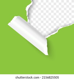 Torn hole of upper right corner of green sheet with paper curl and transparent background of the resulting window. Realistic vector template paper design.