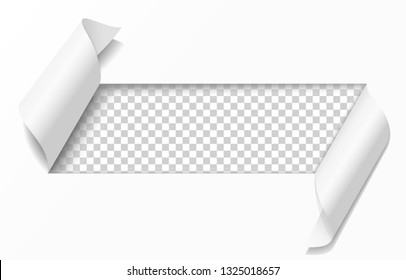 Torn hole in white paper on transparent background.  Realistic  square hole frame with  paper curl and  transparent background in the resulting window. Vector Illustration