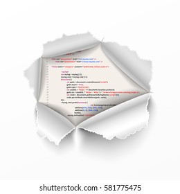 Torn hole in white sheet of paper on complicated HTML program code