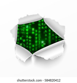 Torn hole in white sheet of paper with matrix code signs on background