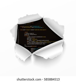 Torn hole in white sheet of paper on complicated program code