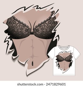 Agujero roto con el cuerpo de la mujer dentro en el sujetador de encaje. Estampado para camiseta. Ilustración vectorial.