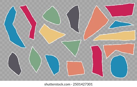Torn horizontal color paper shape with shadow on transparent background. Jagged uneven edges pieces Ripped fragments for message label, banner, collage, text box, sticker, poster. Vector illustration