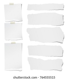 Torn horizontal, note, notebook, copybook paper strips, sheets for text or message stuck with sticky tape on white background.