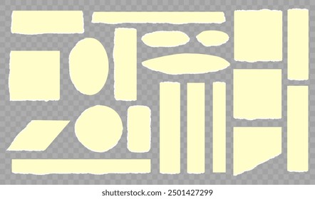 Torn horizontal yellow paper shape with shadow on transparent background. Jagged uneven edges pieces Ripped fragments for message label, banner, collage, text box, sticker, poster Vector illustration