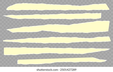 Torn horizontal yellow paper strip with shadow on transparent background. Jagged uneven edges pieces Ripped fragments for message label, banner, collage, text box, sticker, poster Vector illustration
